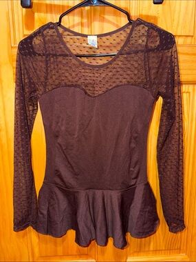 Brown Lace Yoke Peplum Long Sleeve Blouse